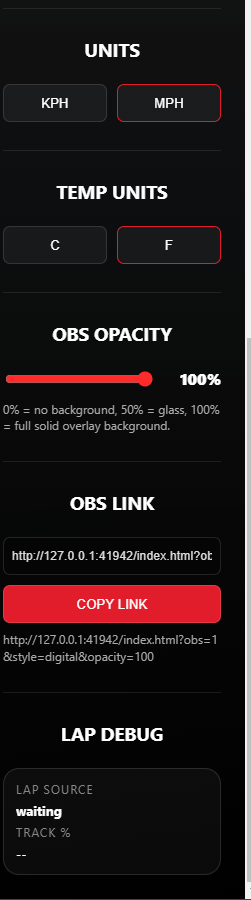 OBS link settings panel
